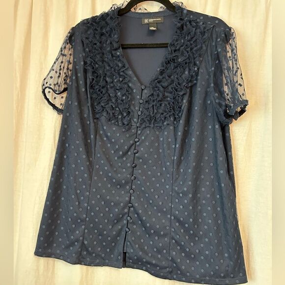 International Concepts 2X black polka dotted lacy sheer sleeves button front - Picture 1 of 7